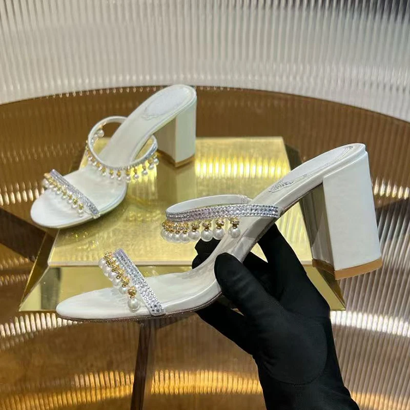 Slippers Summer Sparkling Pearl Pendant Chunky High Heels Women Real Leather Narrow Band Lazy Sandals Women Party Dress Shoes view 4