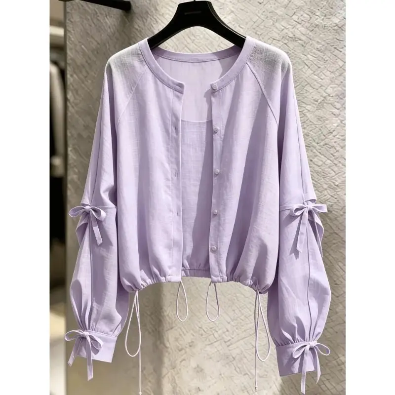 Purple Long Sleeve Blouse Women O Neck Button Up Top Bow Tied Lantern Sleeves Drawstring Hem Loose Fit Spring Autumn Shirt