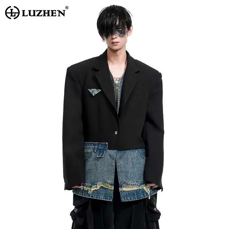 

LUZHEN New Fashion Wornout Washed Denim Splicing Design 2025 Loose Blazer Coat Men Stylish Handsome Elegant Casual Jacket JY2596