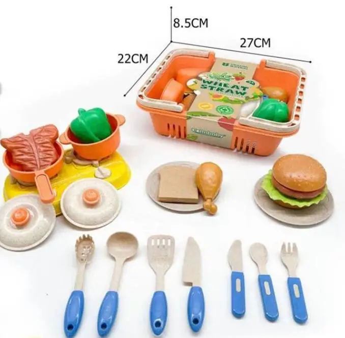 wheat straw children's family picnic set hamburger steak chicken leg bread knife fork spoon pot with basket toy