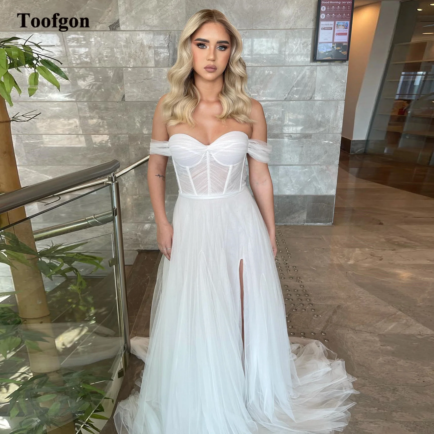 

Toofgon A Line Tulle Israel Formal Wedding Dresses For Bride Boho Women Sweetheart Slit Side Beach Bones Party Bridal Gowns