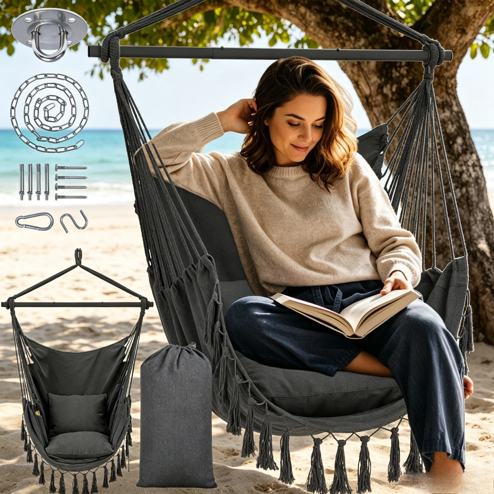 Fauteuil suspendu avec 2 coussins, capacité de charge de 175 kg, chaise suspendue avec 2 coussins et sac, fauteuil suspendu surdimensionné, hamac, chaise à bascule intérieure et extérieure, pour salon, terrasse