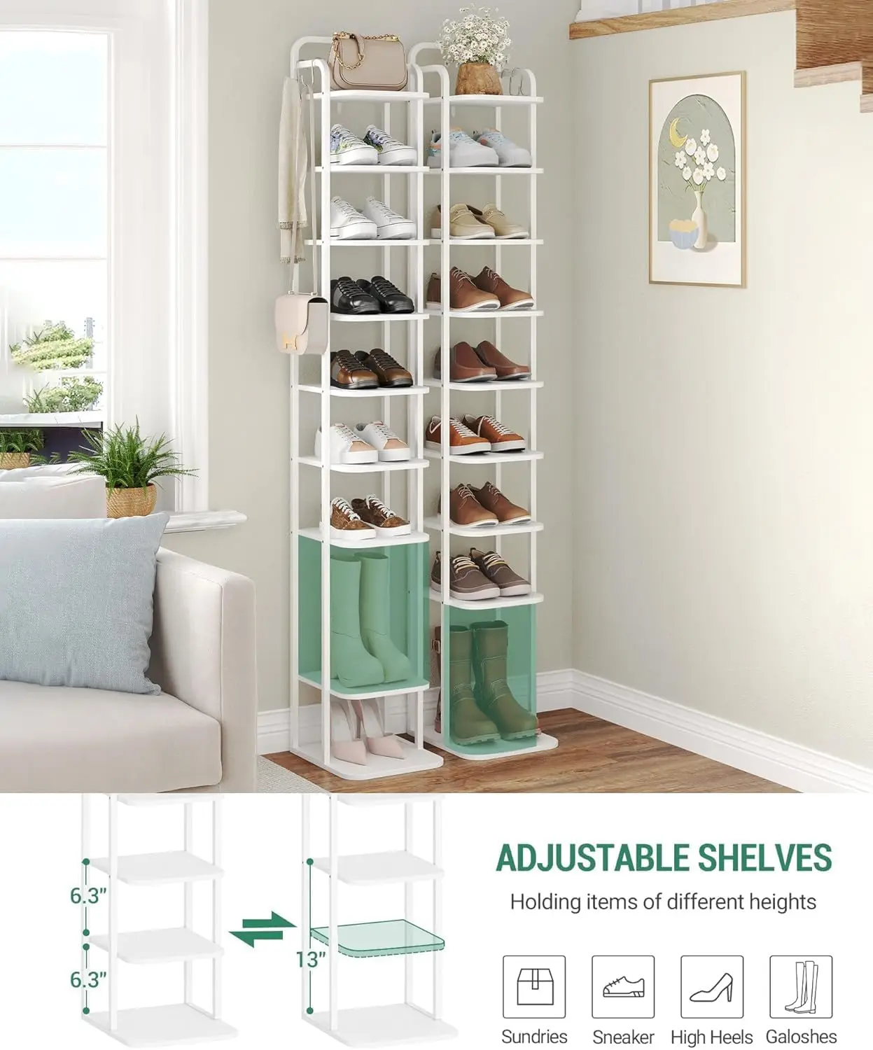رف أحذية عمودي مكون من 10 طبقات، رف أحذية ضيق طويل مع خطافين، أرفف قابلة للتعديل، تصميم زاوية للمساحات الصغيرة، أبيض