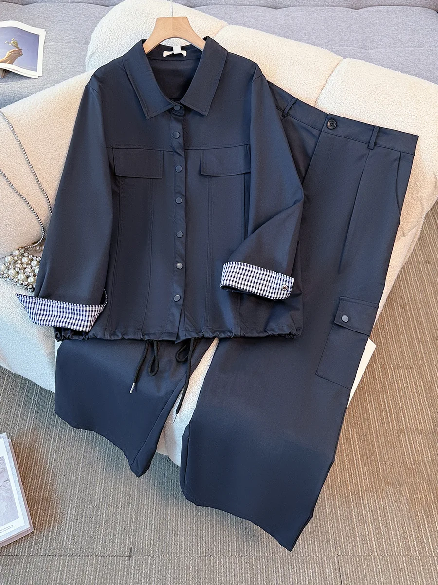 150Kg Plus Size Women's Bust 155 Spring Autumn Drawstring Shirt Jacket Work Pants Two-Piece Set 5XL 6XL 7XL 8XL 9XL