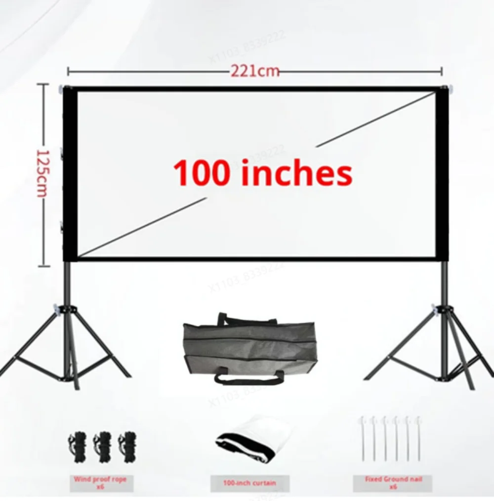 Projection screen with stand, 100 inches, 16:9 aspect ratio, foldable and wrinkle-resistant, washable, portable for indoor.
