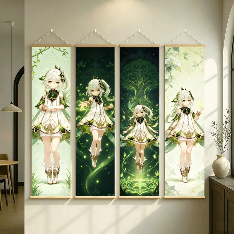 Hanging Scroll Wall Art of Genshin Impact Nahida with Green Leaf Motifs on Silver Shimmer Canvas for an Anime Bedroom