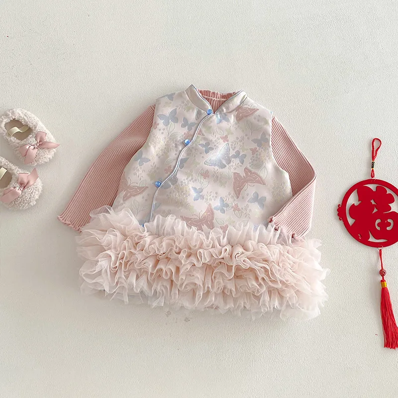 Girls' Retro New Year's Dress 2025 New Winter Baby Chinese Style Slant Skirt Cake Dress Children's Thick Dress