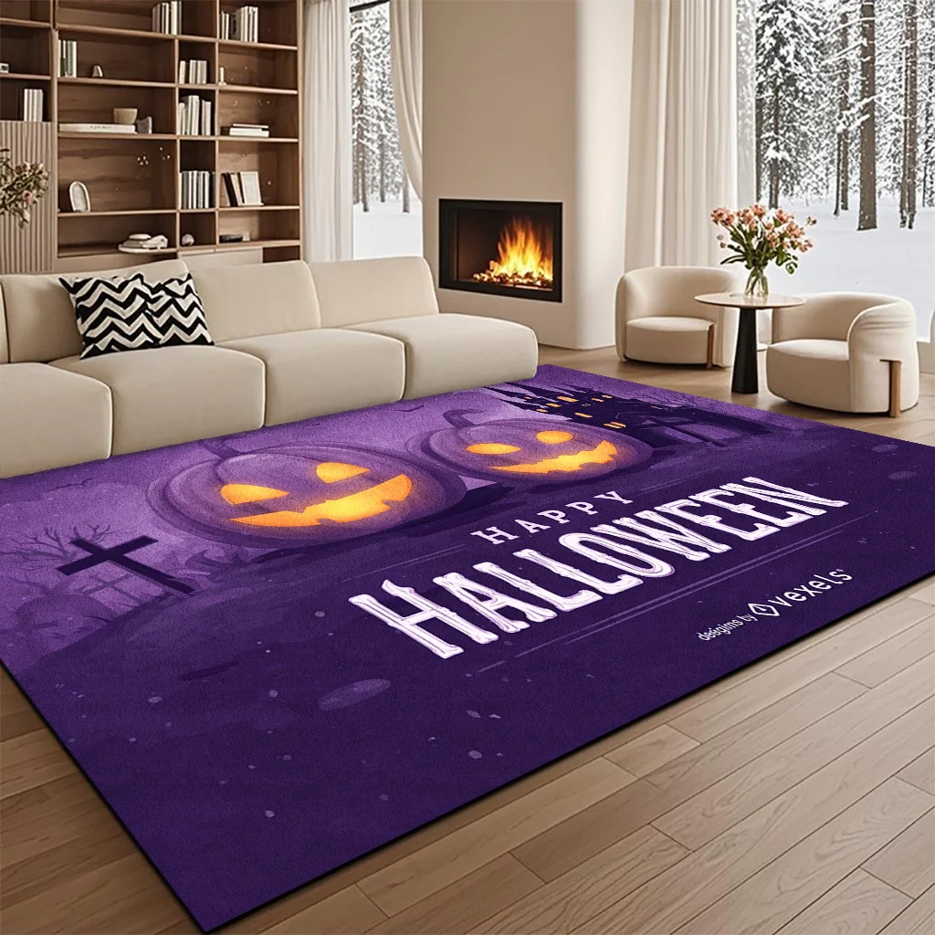 Purple Happy Halloween Rectangle Area Rug,Pumpkin Haunted House Cross Tombstone Printed Floor Carpet,Spooky Living Room Decor
