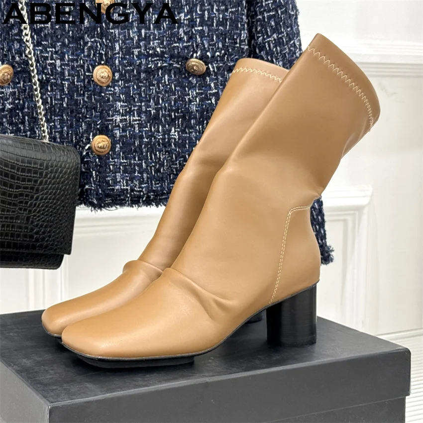 

Round Toe Chunky High Heels Ankle Boots Women Genuine Leather Chelsea Short Boots Winter Runway Slim Fashion Week Boots Woman