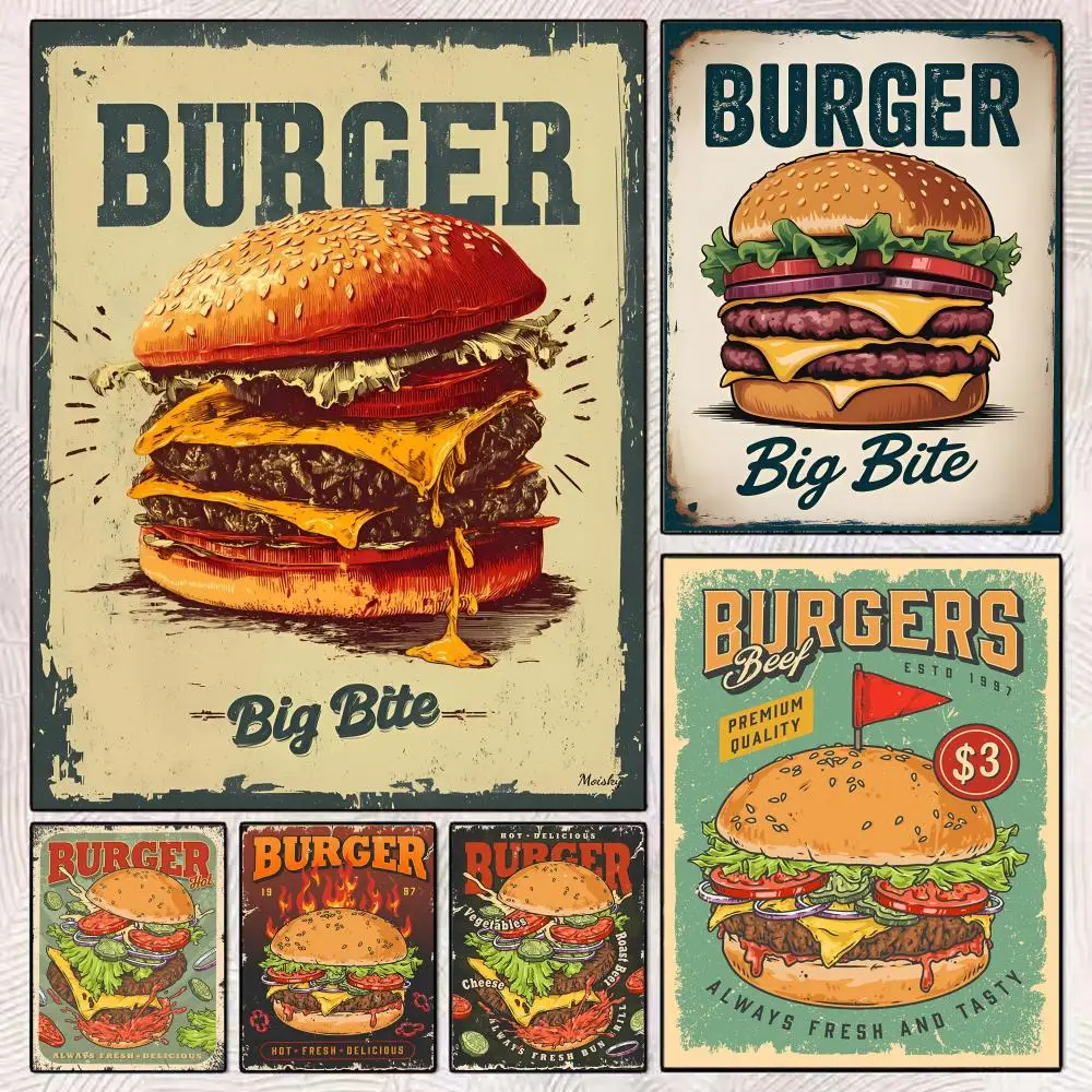 Menú de hamburguesa, pintura Vintage, caligrafía, lienzo clásico, póster impreso, arte de pared para decoración del hogar, regalos de vacaciones