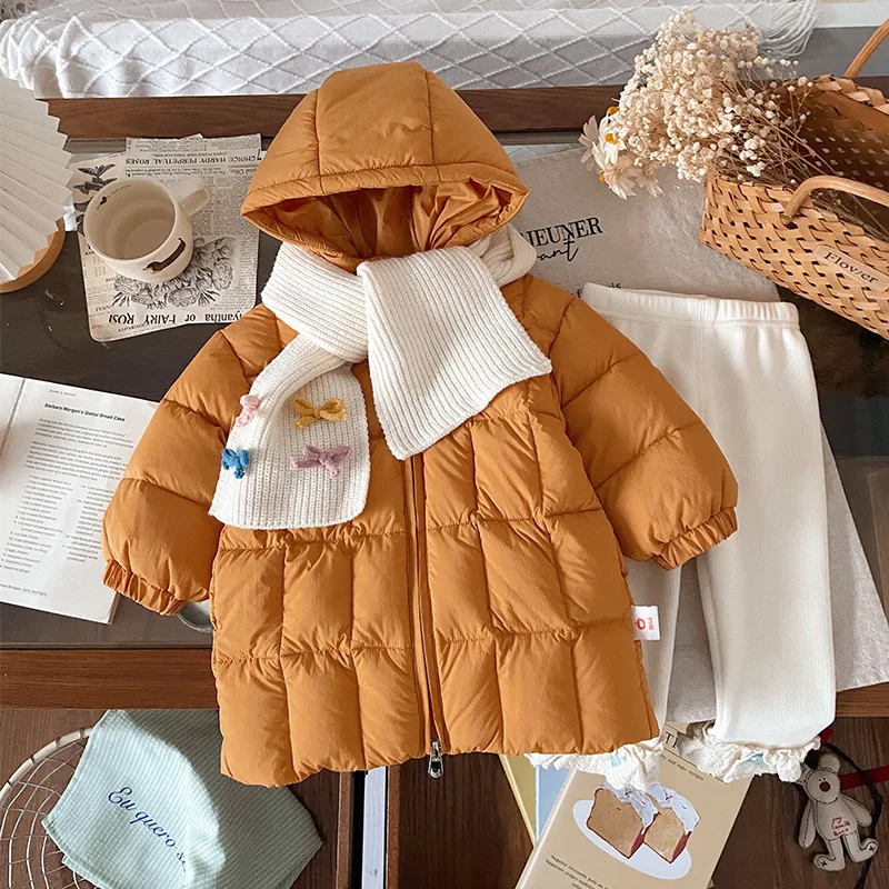 

Children's Mid-length Down Jacket Winter New Girl's Thickened Warm White Duck Down Hooded Outerwear Comes with Scarf
