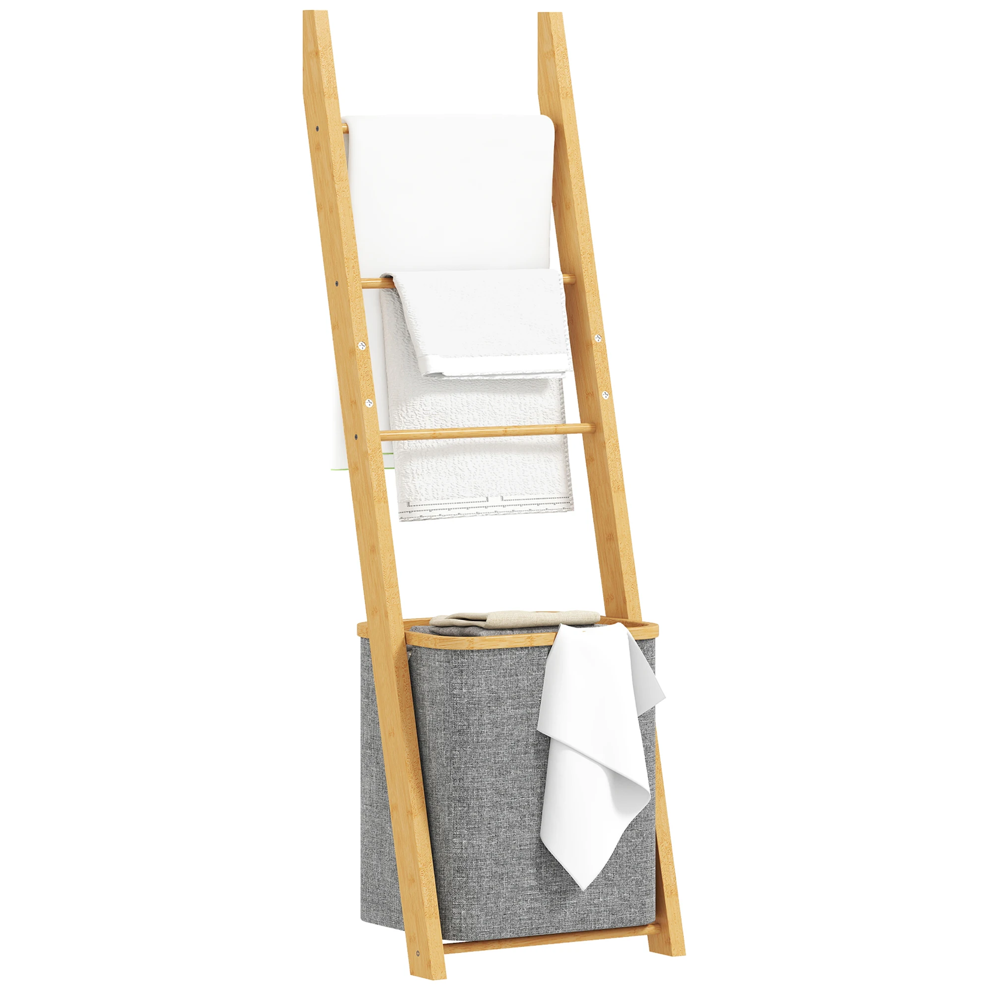 Bamboe Badkamerplank Vrijstaand Handdoekenrek met 3 Afneembare Stangen 48 L Wasmand Crème