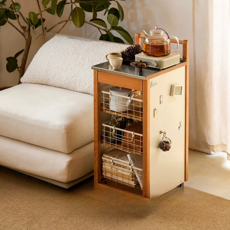 Solid wood retro kitchen fruit and vegetable rack snack storage mobile side storage rack trolley