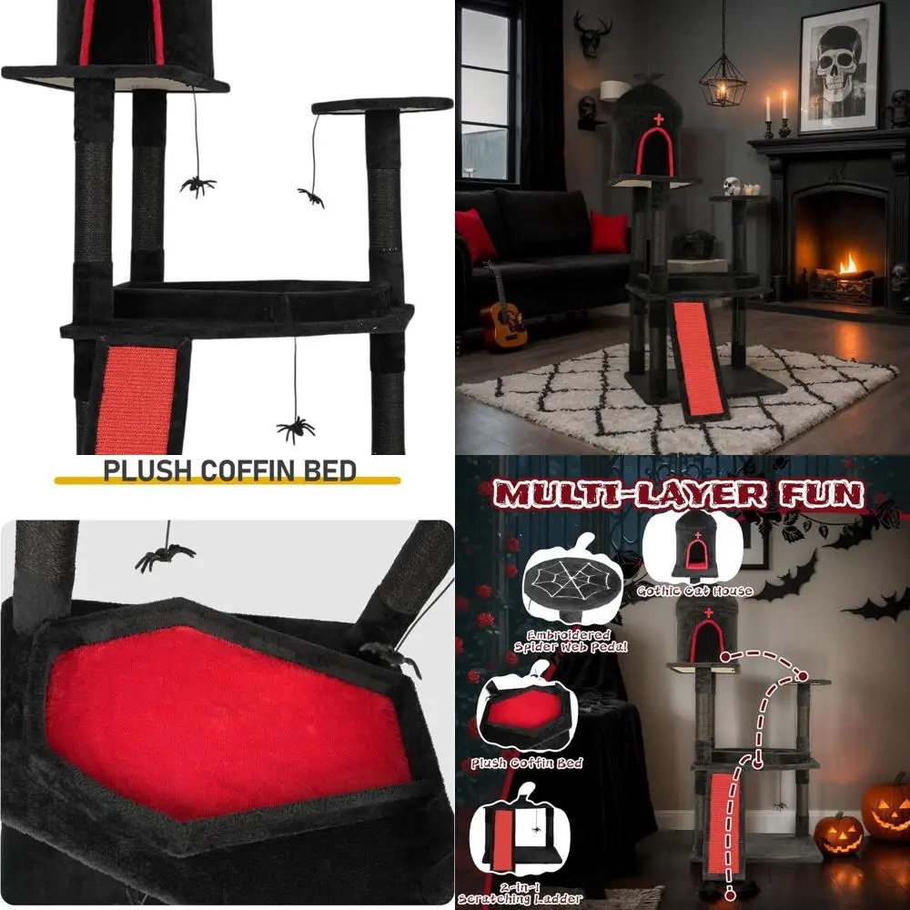 

Элегантный готический кошачий дерево-переходник для Хэллоуина с лежанкой-гробом, двухуровневой башней, стойкой для когтеточков, игрушками-пауками и стильным красно-черным дизайном