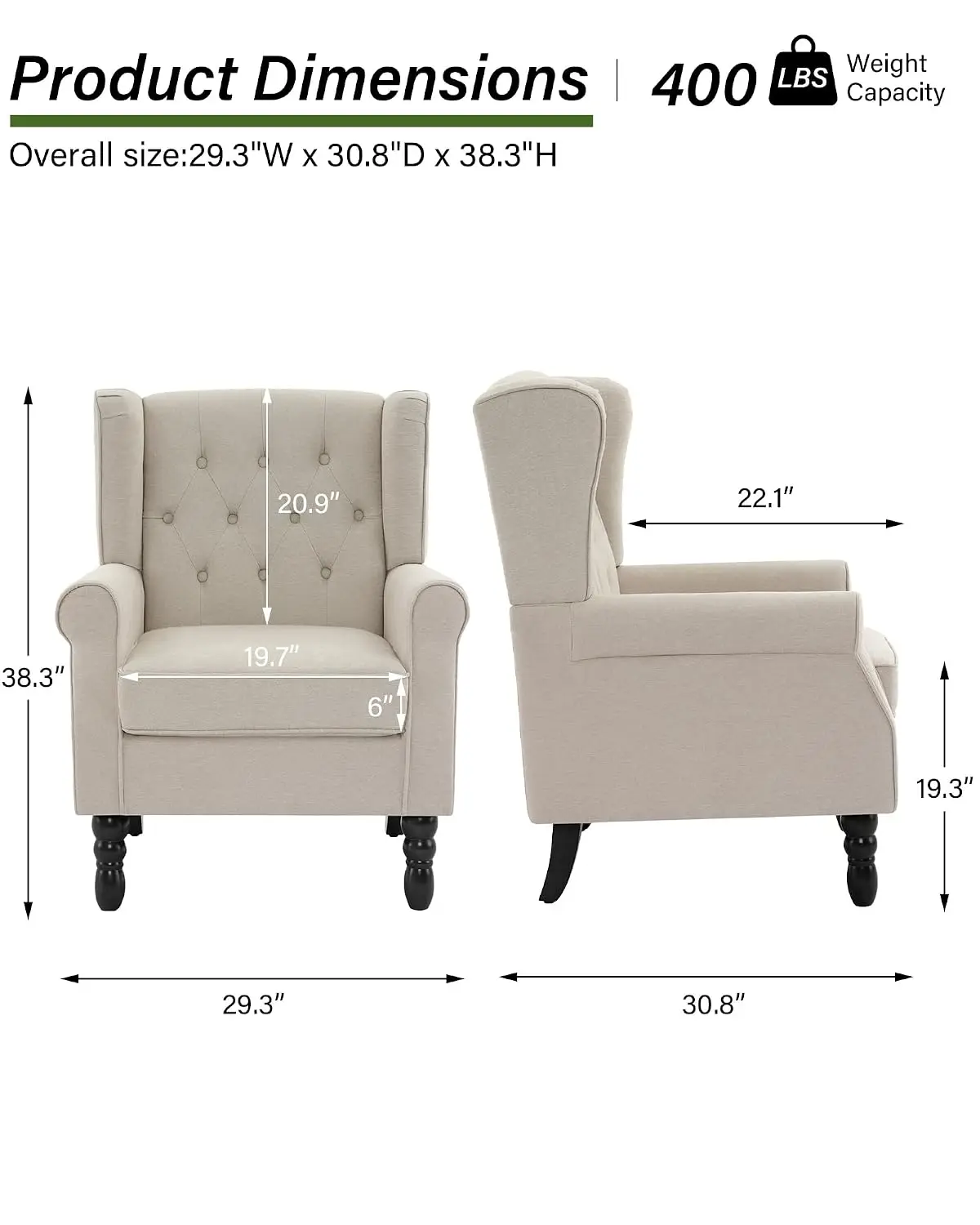 Wingback Accent Chairs Set of 2, Tufted High Back Armchair, Beige, Customized