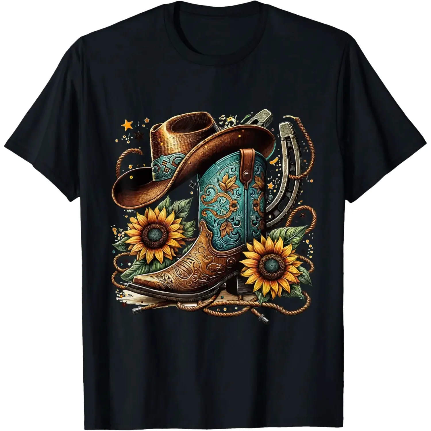 Cowboy Boot Horseshoe Sunflower Graphic Tee Western Country Style Print T-Shirt for Men