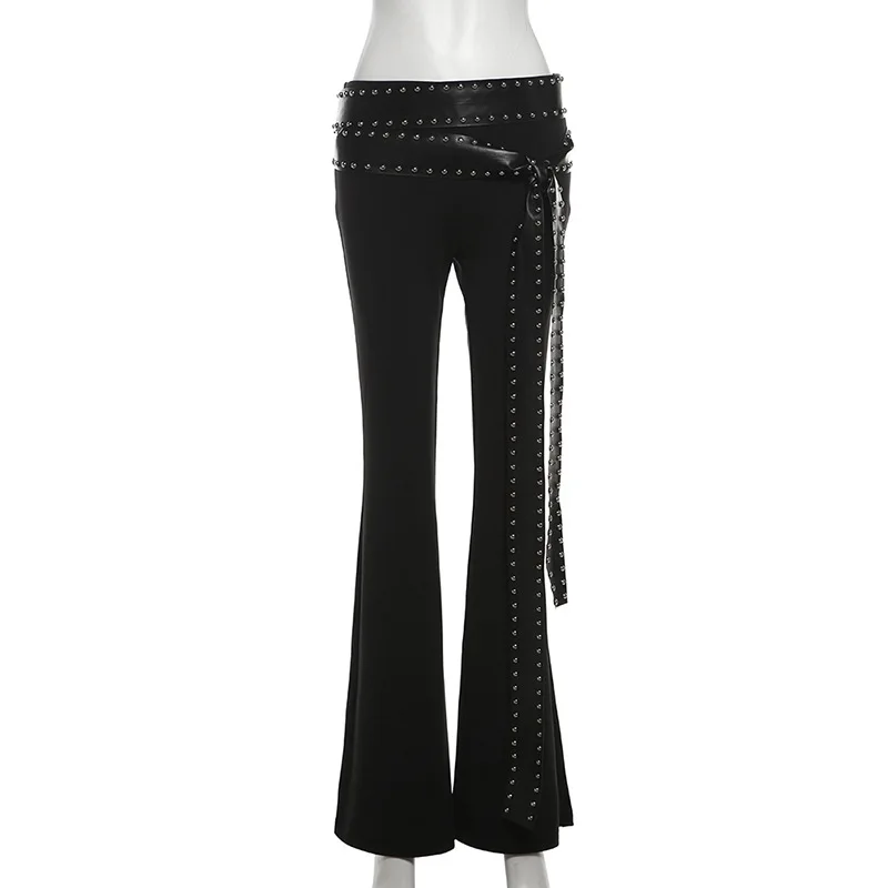 Goth Dark-Pantalon évasé taille haute pour femme, streetwear, gothique, décontracté, avec simili cuir, environnement slim