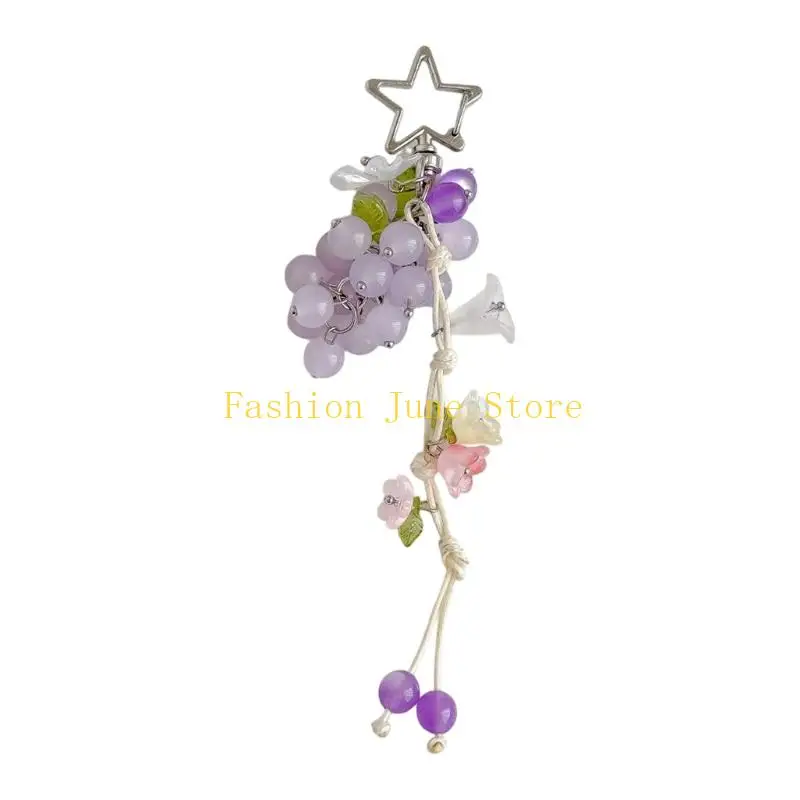 N5KA Grape Bag Charm Keychain with Star Clasp and Flower Drop Detail for Handbags, Journals, Keys and Daily Commute Use