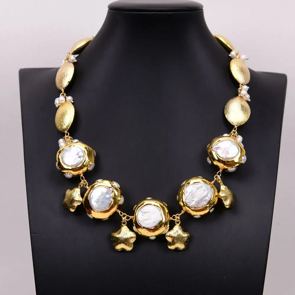 

GG Hyperbole Freshwater Cultured White Keshi Pearl, Brushed Gold Plated Necklace-party jewlery