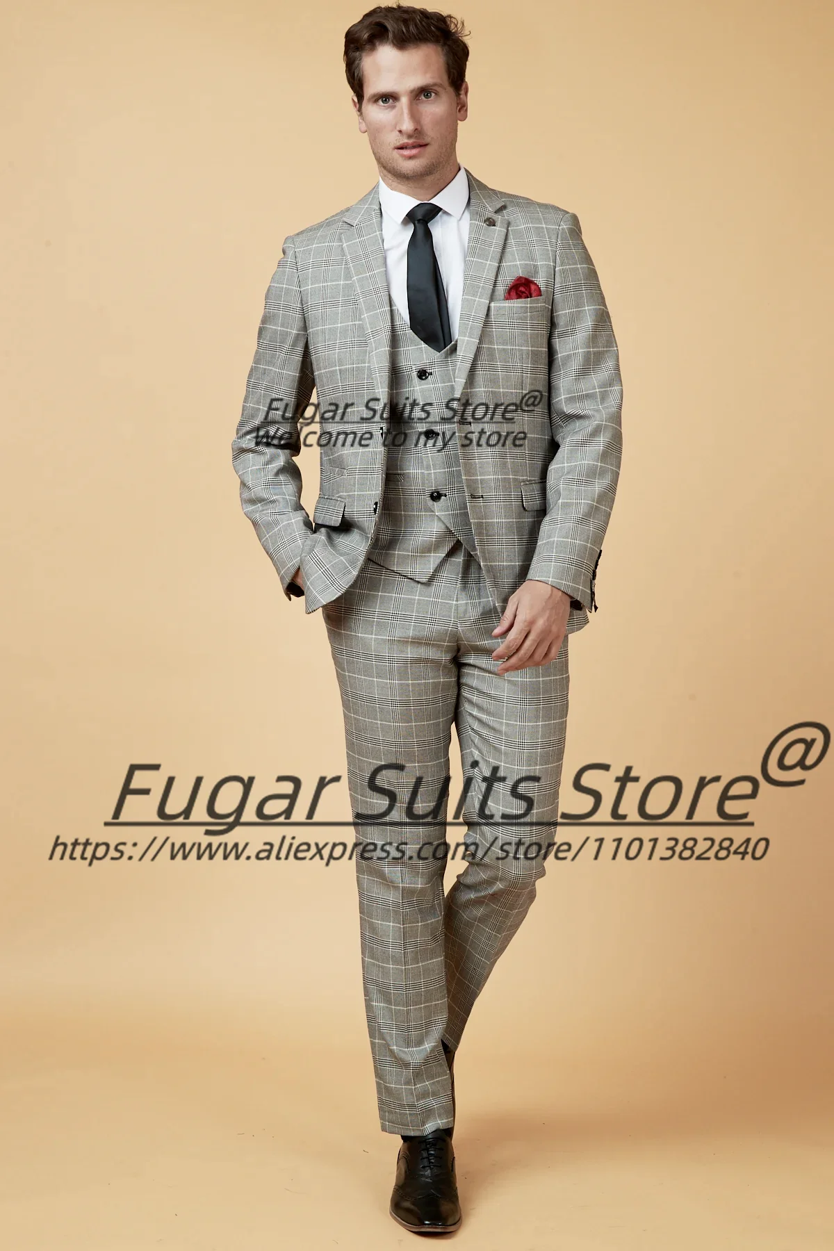 

French style Classic houndstooth Formal Suits For Men Slim Fit Notched Lapel Groom Tuxedos 3 Pieces Sets Business Male Blazers