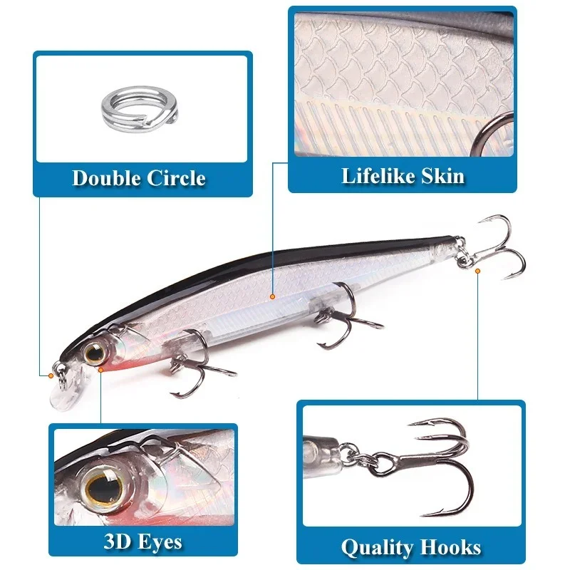 Minnow Fishing Lure, Artificial Jerkbait, High Quality Hooks, Shallow Diving, Suspending Wobbler, 13G, 11cm, 1Pc