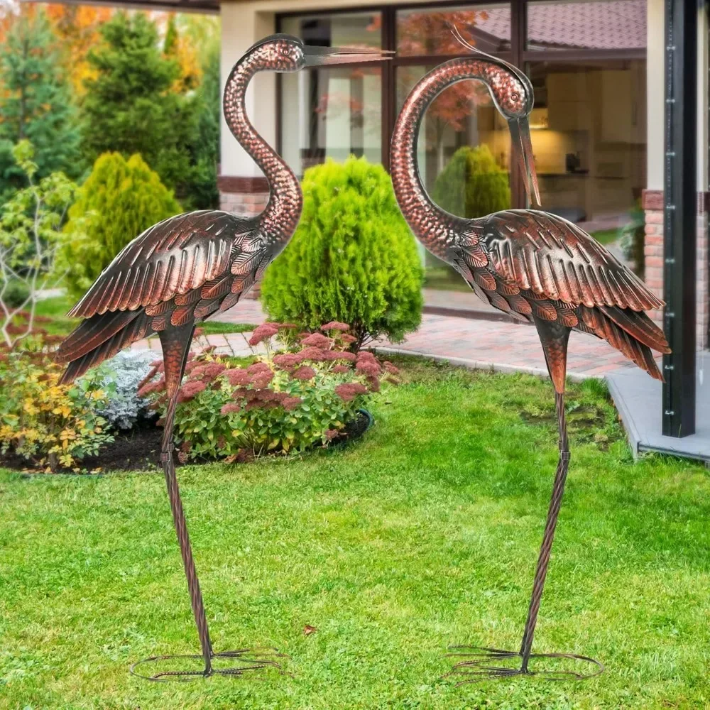 Garden sculpture heron bait large-sized metal bird yard art standing retro brass lawn decoration outdoor decoration 2-piece set