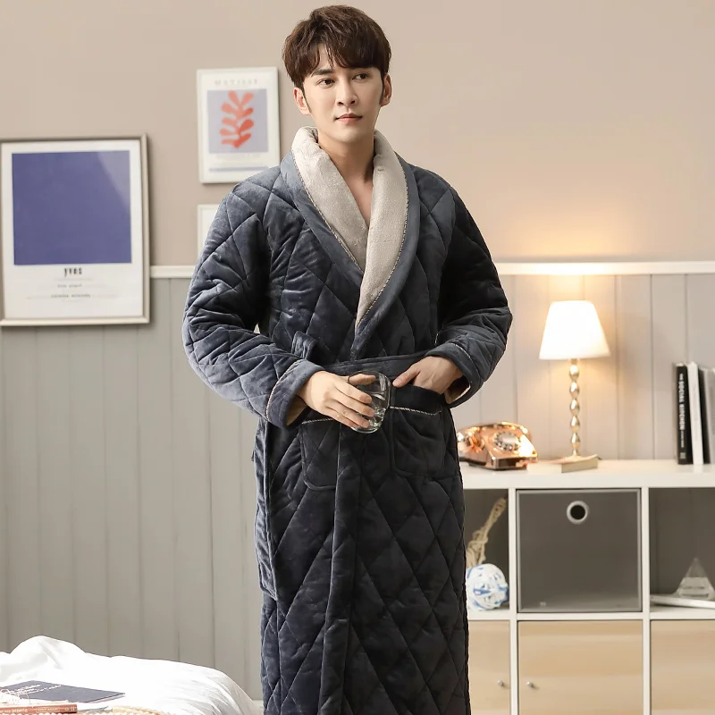 빅 사이즈 M-2XL 겨울 남성 목욕 가운 3 레이어 클립 코튼 목욕 가운 남성 두꺼운 드레싱 가운 Pijamas Hombre