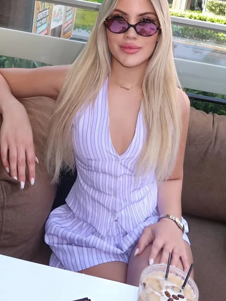 HH Donna Estate Moda Stripe Scollo a V Backless Monopetto Corto Top senza maniche + Elastico in vita Tasca con bottoni Pantaloncini Abito