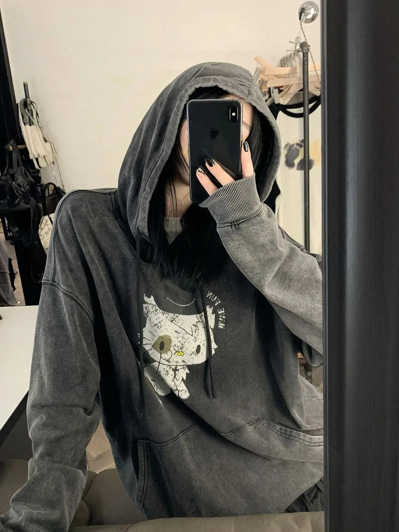 

Sakura Kitty Printed Fleece Lined Oversized Hoodie Women's Lazy Style Vintage Hooded Sweatshirt Comfortable Loose Top