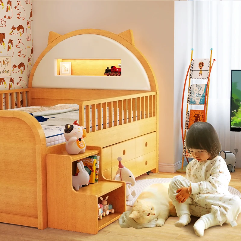Beech solid wood bed boys and girls half-height bed 1.2 meters 1.5 multi-function guardrail soft bag