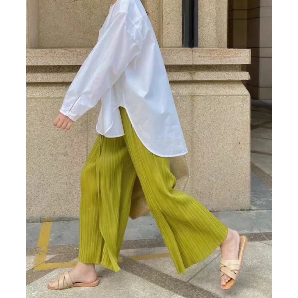 

Асимметричные широкие брюки Selfwill с высокой талией, разрезами и эластичным поясом, летние повседневные брюки из жатой ткани для женщин