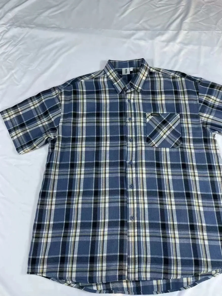 

American Retro Summer Blue Plaid ort Sve Men's Loose Casual Vintage irt f Sve Top Thin Five-Quarter Sve