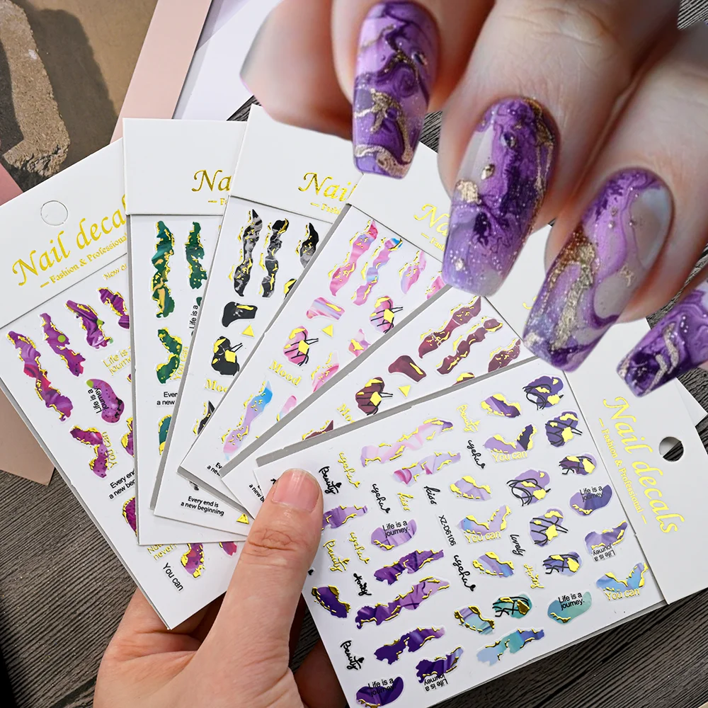 1 Uds. Pegatinas 3D de mármol púrpura para uñas ahumadas líneas onduladas de humo/doradas calcomanías autoadhesivas pintura de tinta floreciente decoraciones de manicura