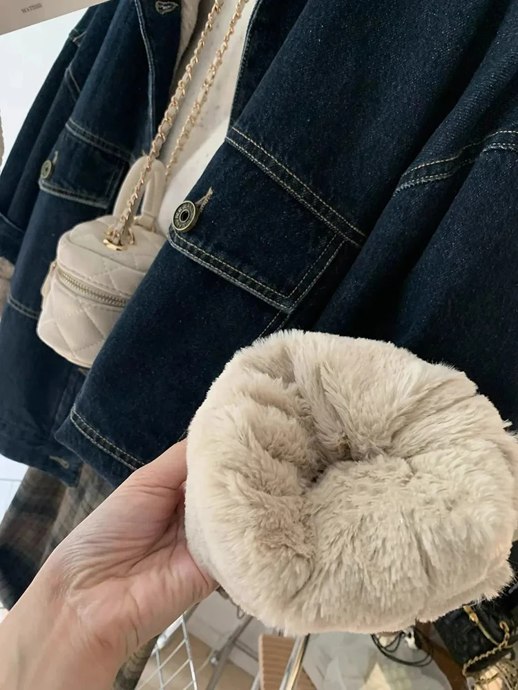 Chaqueta vaquera de felpa Vintage para mujer Y2K, abrigos vaqueros cálidos con solapa gruesa y holgada para invierno, ropa de calle con una botonadura, prendas de vestir que combinan con todo