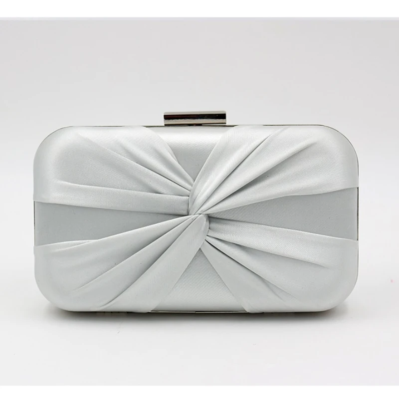 

Classic Wedding Evening Bags Women Elegant Formal Party Glossy Silver Satin Clutch Knot Handbags Ladies Crossbody Chain Purse