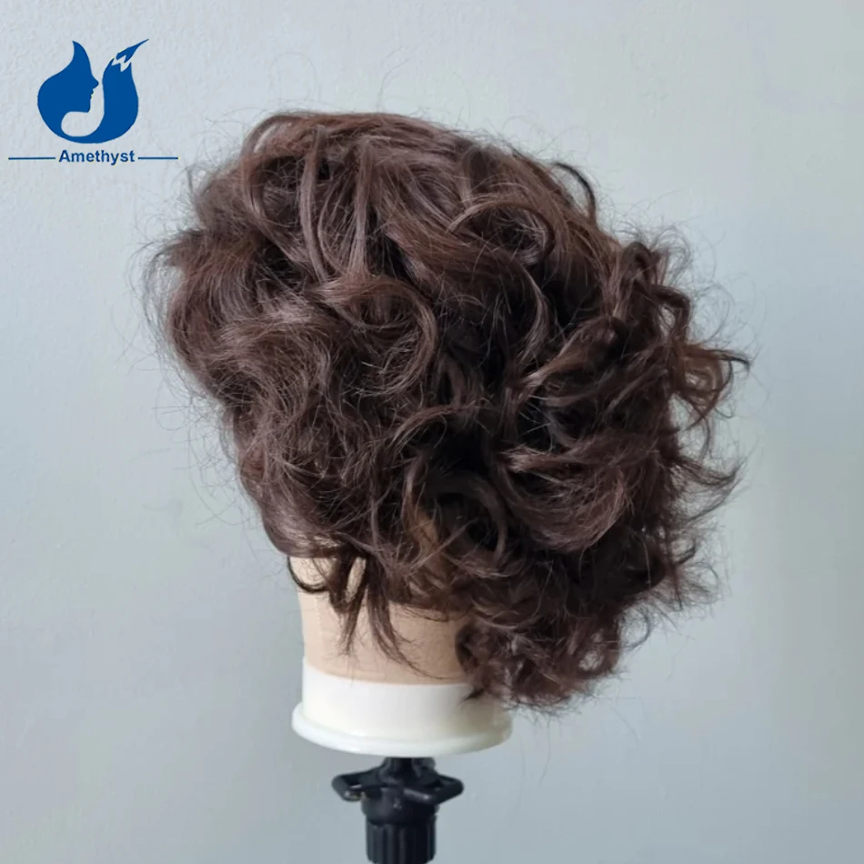 Amethyst Color #3 Brown Curly Short Bob Human Hair Wig for Men 13x6 Lace Frontal Pre-Plucked Pixie Cut Remy Male Hair Wig