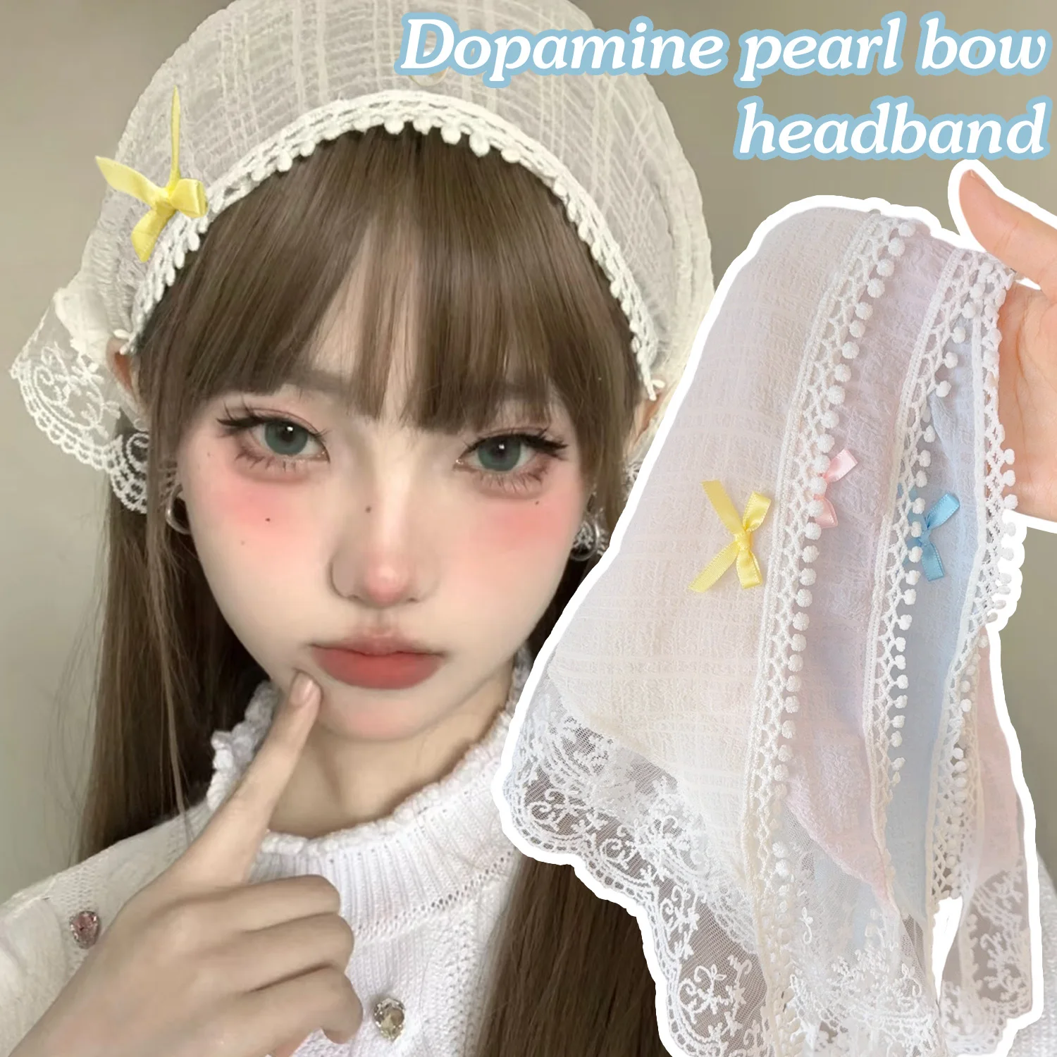 

Korean Lace Pearl Bow Hair Scarf Headband for Women Retro Triangle Hair Band Strap Headscarf Hat French Pastoral Travel Headband