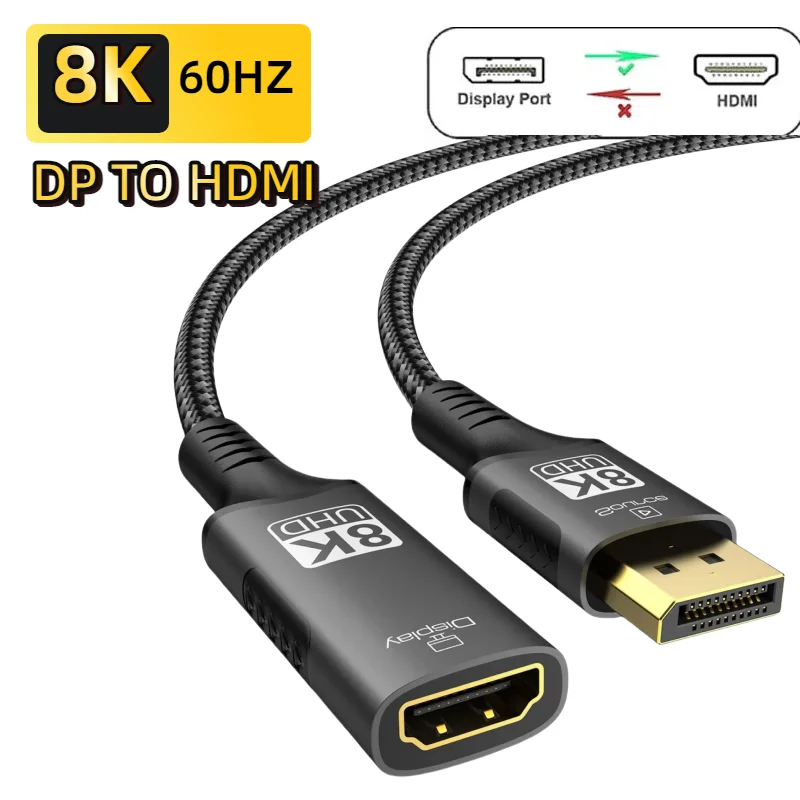 8K DisplayPort-auf-HDMI-Konverter, DP-Stecker auf HDMI-Buchse, Adapterkabel, Einweg-Konvertierung mit Audio-Unterstützung für PC/Beamer/HD
