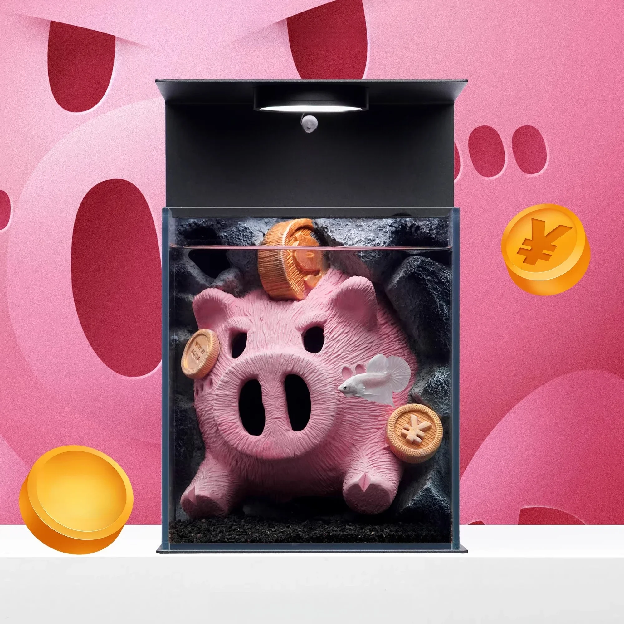 Lai Cai, piggy bank pig, landscaping, tabletop decoration, micro-landscape betta, ultra-white glass fish tank
