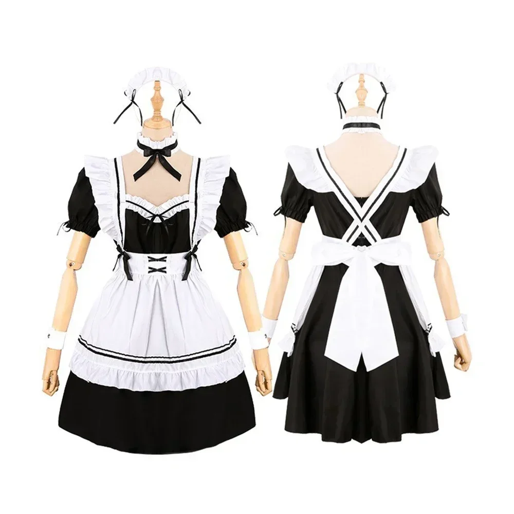 Zestaw Sukienki Gothic Lolita Maid dla Kobiet, Kostium Cosplay Anime, Czarno-Białe Uszy i Ogon Lisa, Rękawiczki, Strój na Halloween, Imprezę, Przebranie — 2