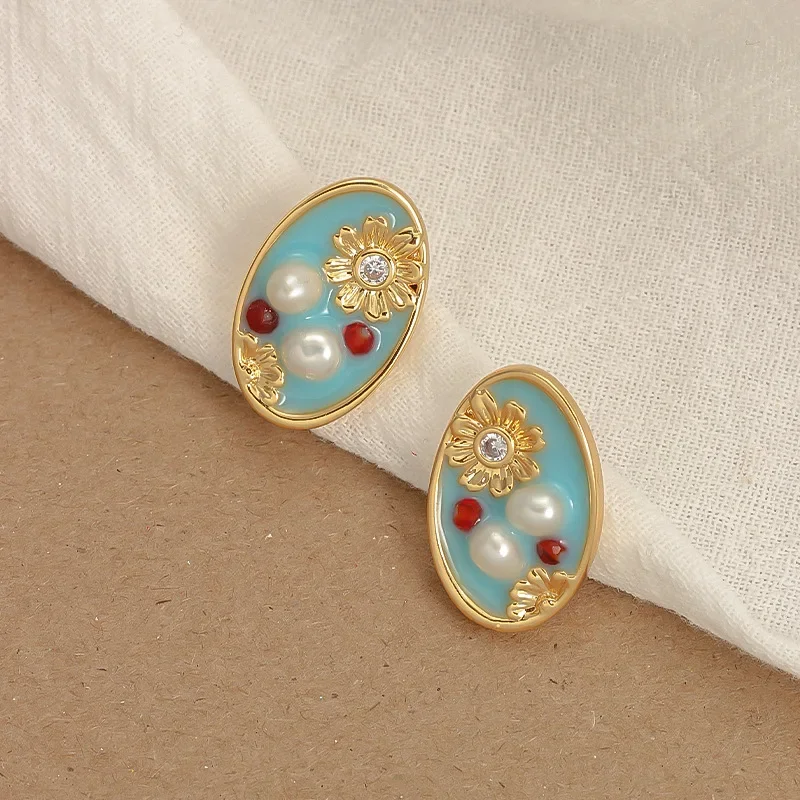 Oil Painting Texture Fresh Water Pearl Flower Earrings Light Luxury High Sense New Chinese Earrings