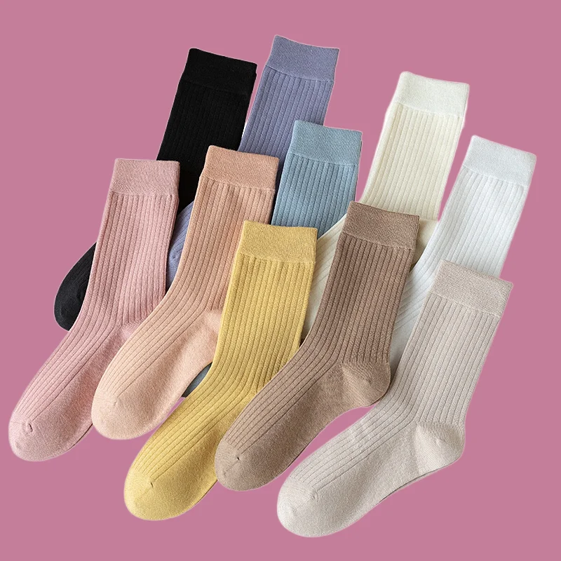 Chaussettes Mi-sulfen Coton pour Femme, Tendance, Solide, Anti-Odeur, Respirantes, Décontractées, 5/10 Paires, Printemps Automne