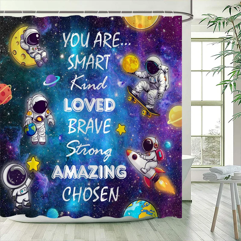 

Funny Cartoon Astronaut Shower Curtain Cosmic Starry Sky Moon Inspirational Aphorisms Kids Bath Curtains Fabric Bathroom Decor