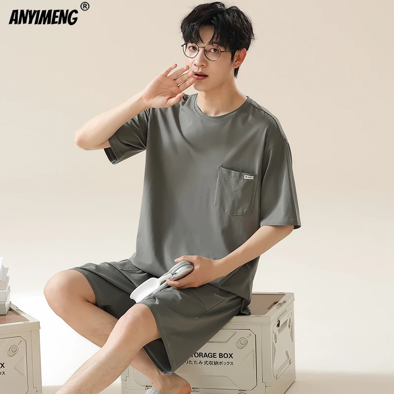 Summer Men Sleepwear Cotton Pajamas Set Short Sleeves Shorts Casual Nightwear for Boy L-3XL Young Man Pijamas Pullover Homesuits