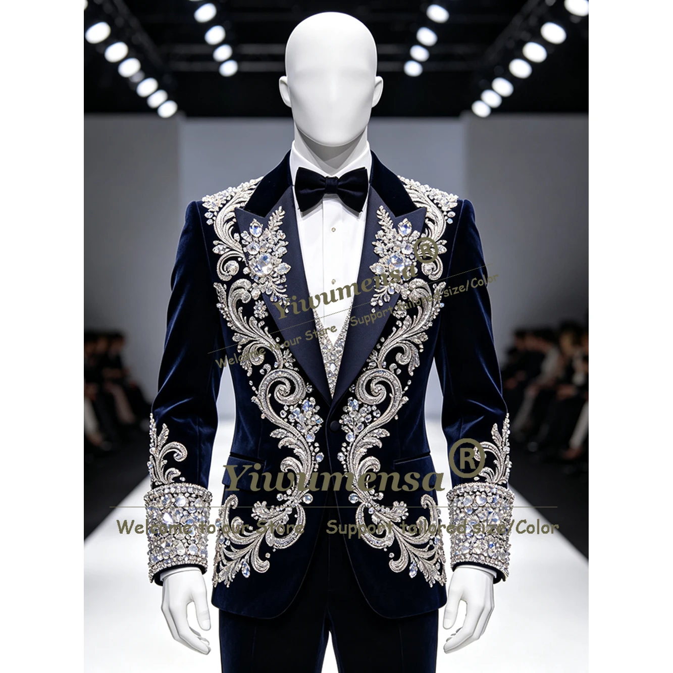 Hand Stitched Beadwork Wedding Suit For Man Rhinestones Velvet Jacket Pants 2 Piece Groom Formal Wear Tuxedo Attire Slim Clothes