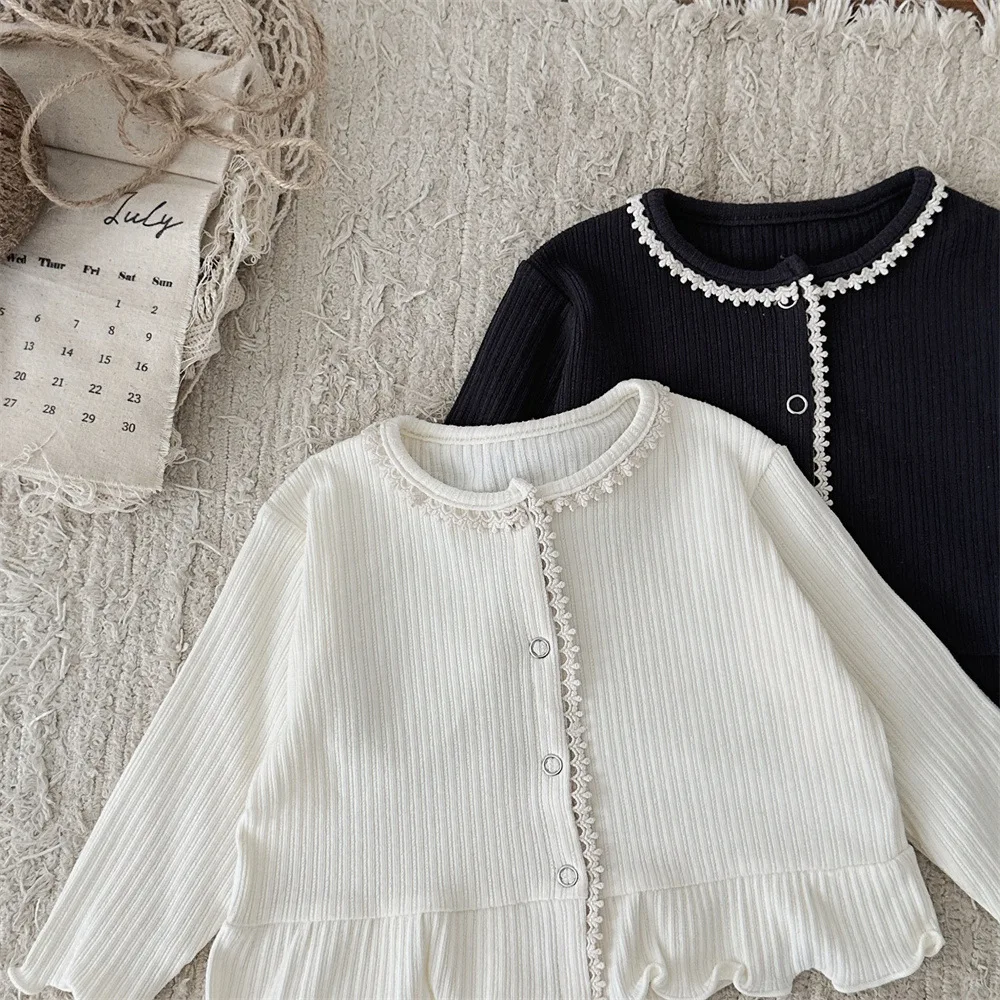 MILANCEL New Autumn Baby Solid Color Cardigan Toddler Cute Pit Strip Knit Shirt Infant Girls Thin Style Lace Knitwear