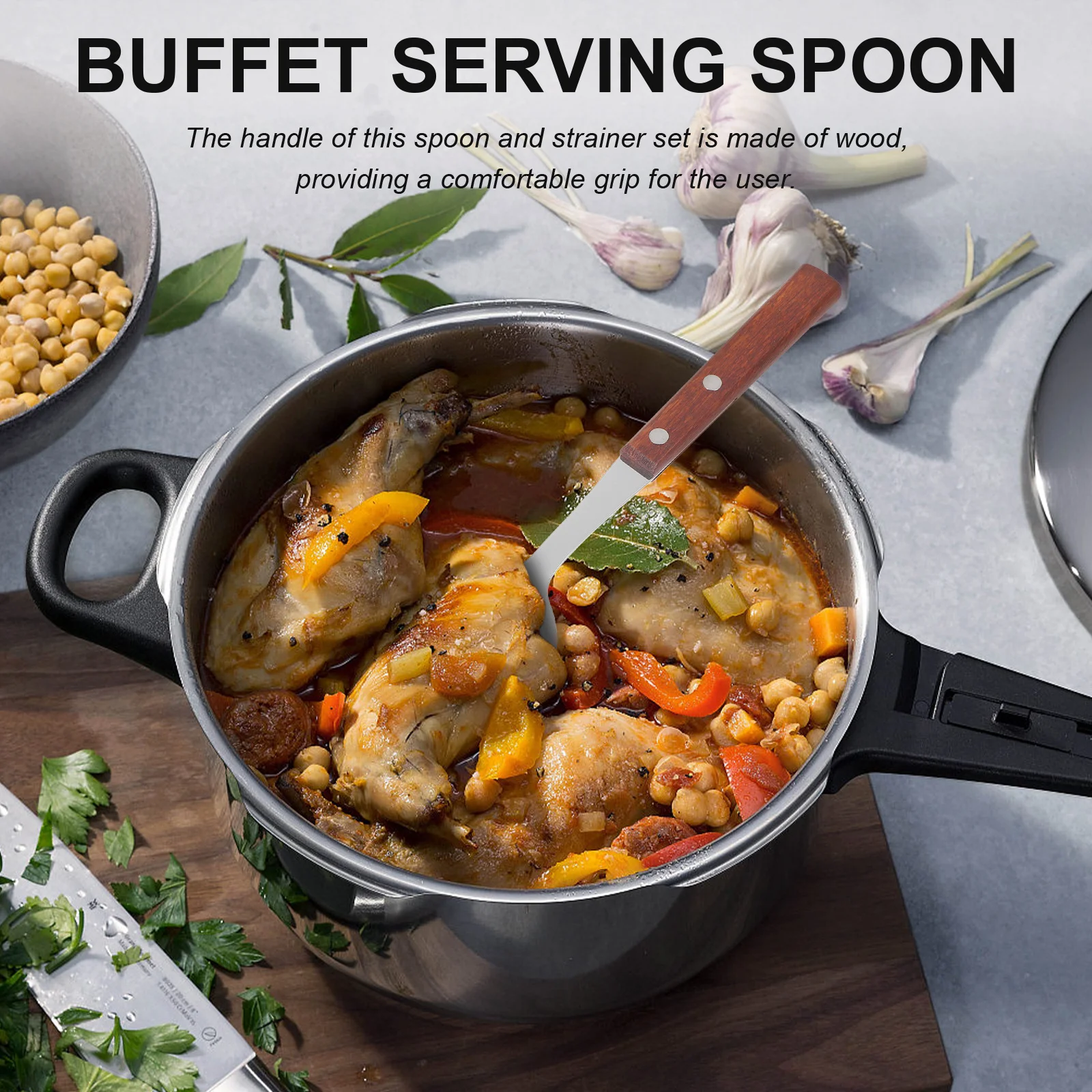 1 set 1 Set Wooden Handle Stainless Steel Slotted Spoon Strainer Kitchen Serving Utensil For Buffet Food Household Dinner Party