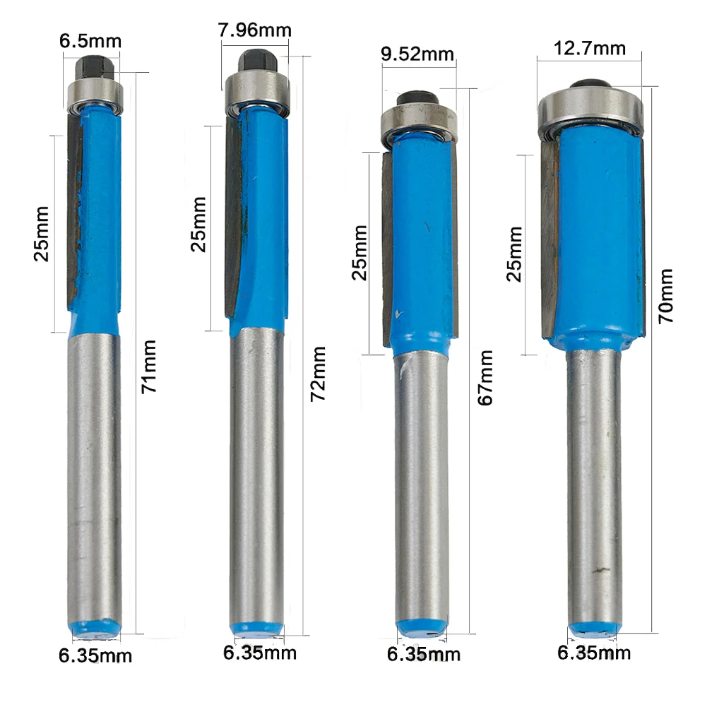 4pcs Straight Flush Trim Router Bits Woodworking Plywoods Composites Plastic Trimmer Template Pattern Cutting Tools