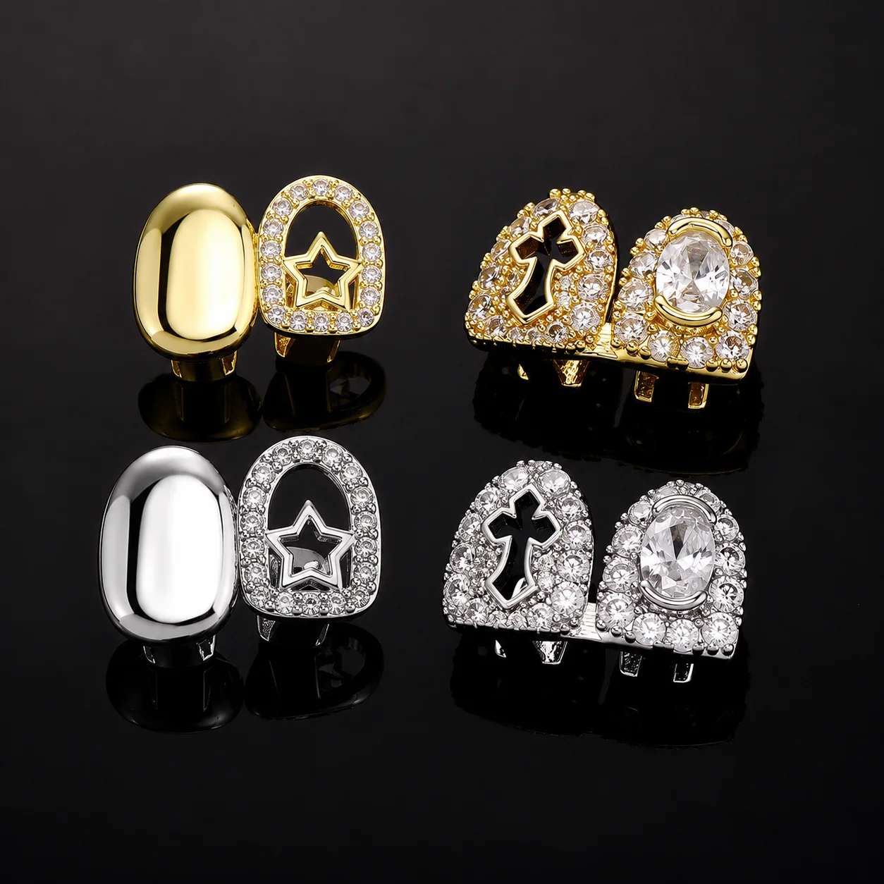 JINAO Hip Hop 2pcs Teeth set iced CZ Double Holy Cross Hollow Grillz Top shinny Cosplay Grill Punk Rapper Christmas Gift