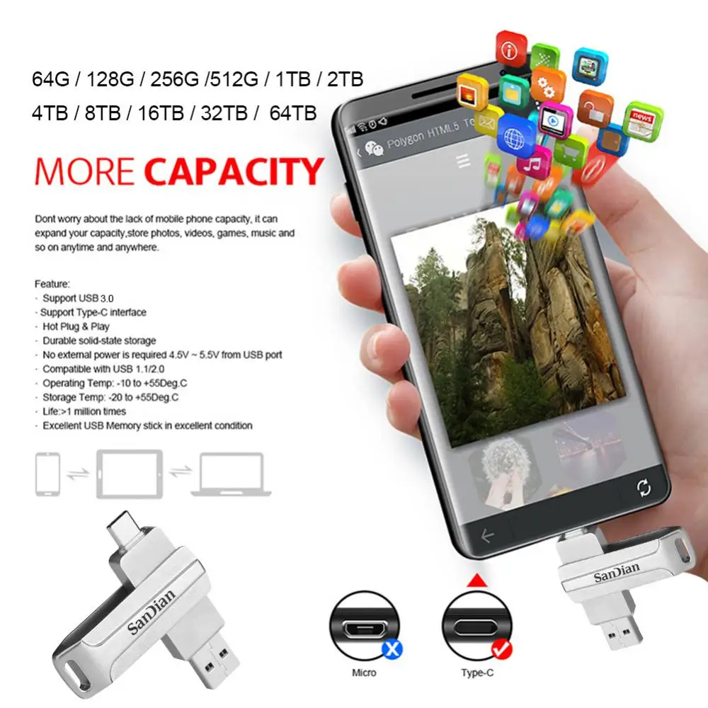 2TB USB 3.0 Flash Drive 2TB High-Speed Pen Drive 16TB 64TB Metal Waterproof Type-C PenDrive for Computer Storage Device